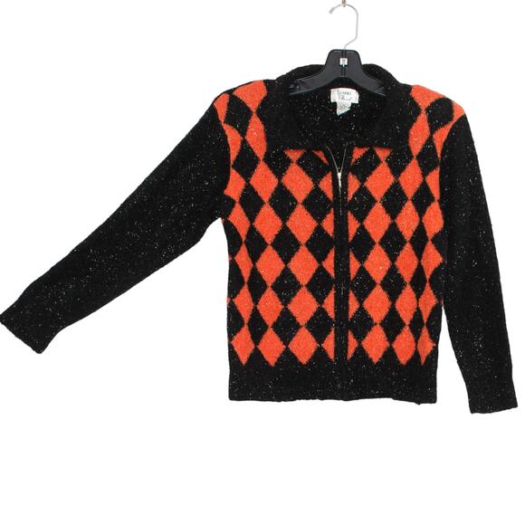 Cardigan Y2K Sparkle Argyle Preppy Academia Indie Sleaze Zip Orange Black Medium - Picture 5 of 6